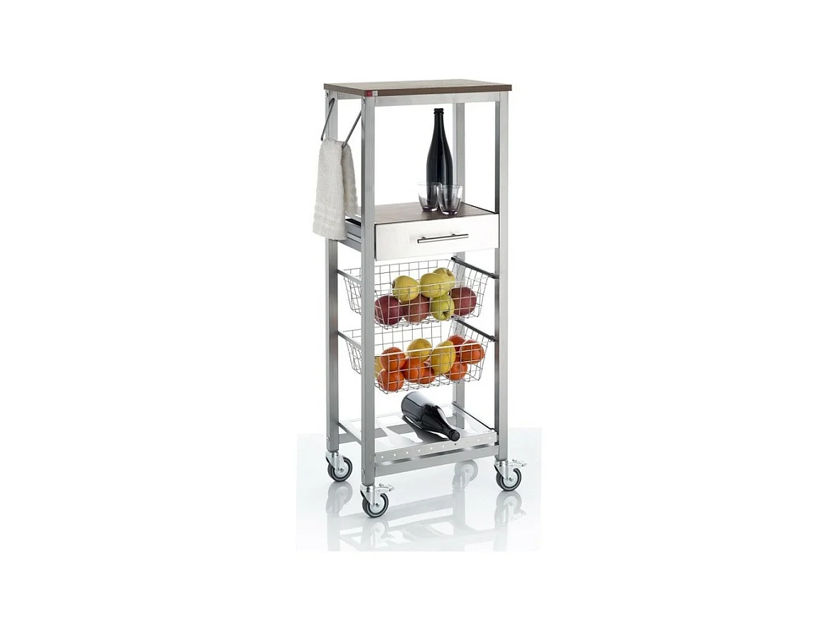 Küchenwagen ONDA ALTO – Metall-Beistellmöbel in Aluminiumoptik mit 2 Körben, Schublade und Flaschenhalter