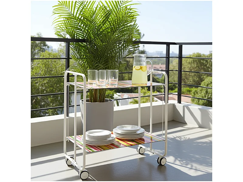 Desserte pliante BAUHAUS avec roulettes – Structure blanche, 2 niveaux, 4 positions