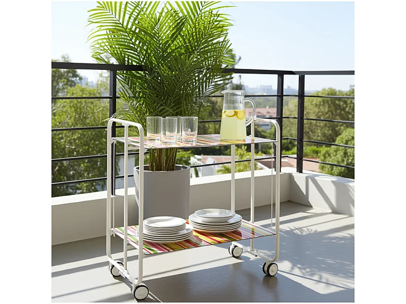 Desserte pliante BAUHAUS avec roulettes – Structure blanche, 2 niveaux, 4 positions