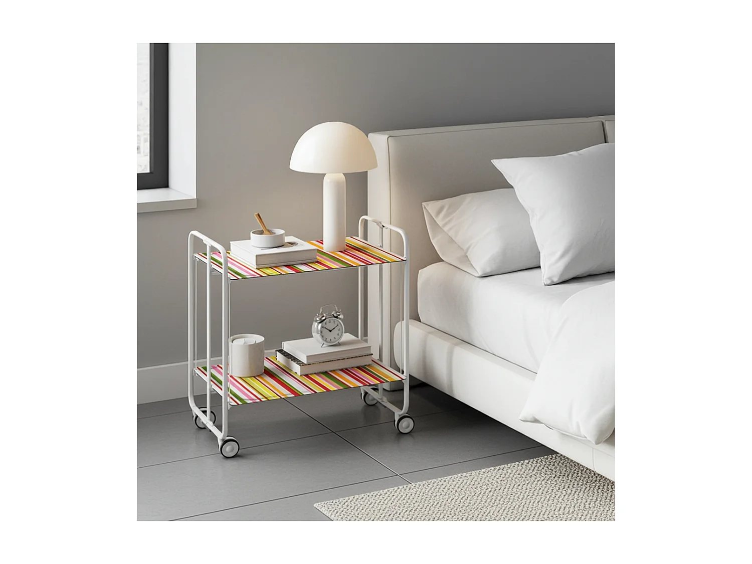 Klappbarer Servierwagen BAUHAUS mit Rollen – Metallgestell weiß, 2 Ebenen, 4 Positionen