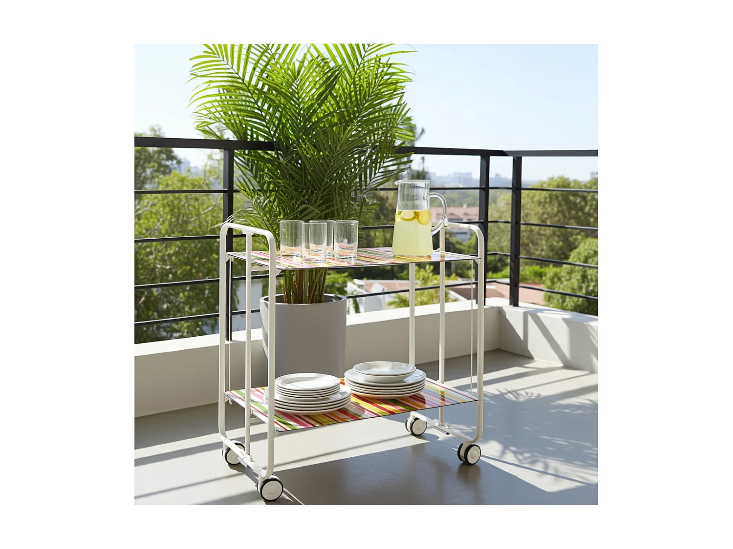 Klappbarer Servierwagen BAUHAUS mit Rollen – Metallgestell weiß, 2 Ebenen, 4 Positionen