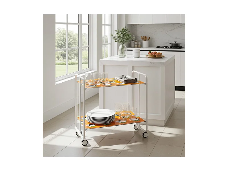 Chariot pliant à roulettes, , table pliante roulante - Structure métallique blanche, 2 niveaux en stratifié couleur Pin Vieilli- 72*66*43 cm - BAUHAUS