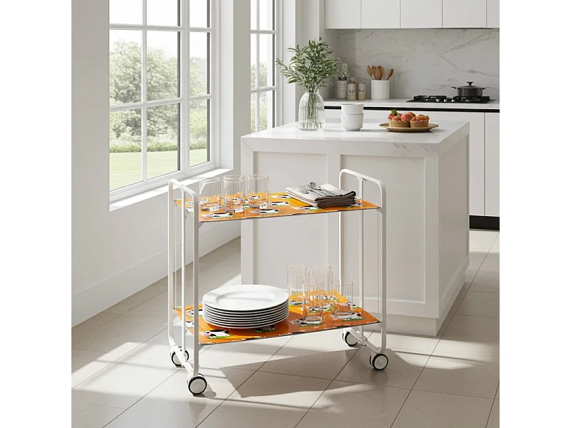Carrito auxiliar plegable con ruedas - Estructura metálica blanca, 2 estantes laminados color Pino envejecido – 72*66*43 cm - BAUHAUS