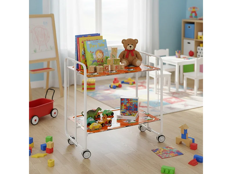Carrito auxiliar plegable con ruedas - Estructura metálica blanca, 2 estantes laminados color Pino envejecido – 72*66*43 cm - BAUHAUS