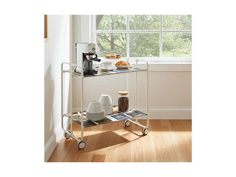 Desserte pliante BAUHAUS avec roulettes – Structure blanche, 2 niveaux, 4 positions