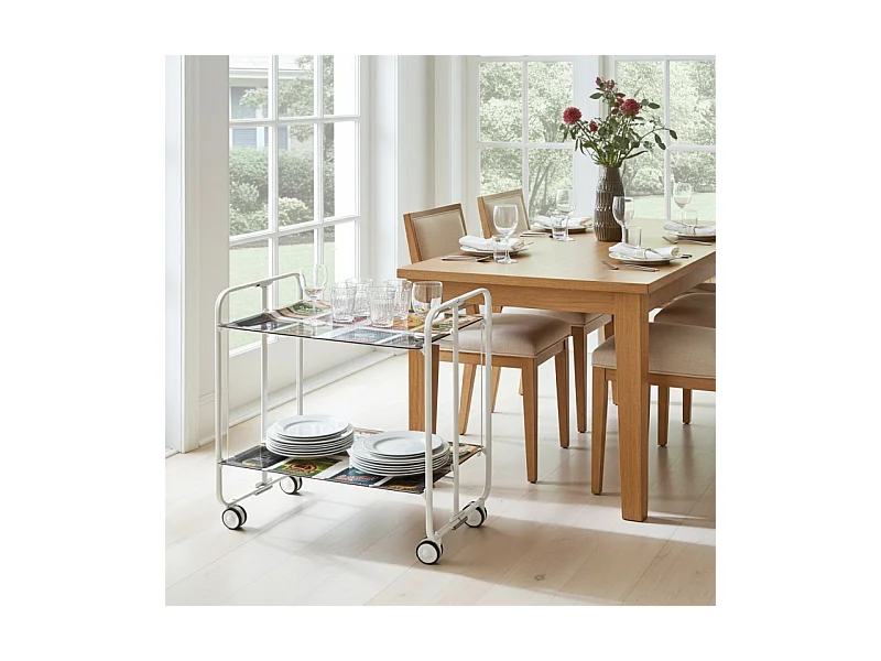 Desserte pliante BAUHAUS avec roulettes – Structure blanche, 2 niveaux, 4 positions