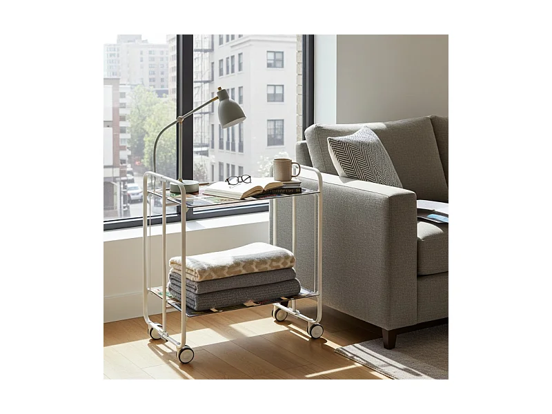 Desserte pliante BAUHAUS avec roulettes – Structure blanche, 2 niveaux, 4 positions