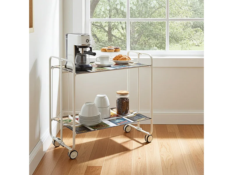 Desserte pliante BAUHAUS avec roulettes – Structure blanche, 2 niveaux, 4 positions