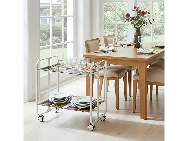 Desserte pliante BAUHAUS avec roulettes – Structure blanche, 2 niveaux, 4 positions