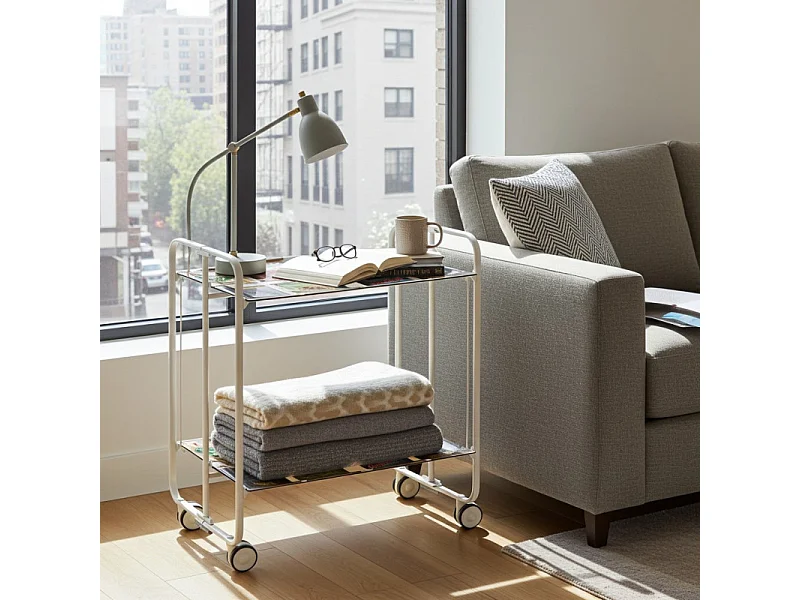 Desserte pliante BAUHAUS avec roulettes – Structure blanche, 2 niveaux, 4 positions