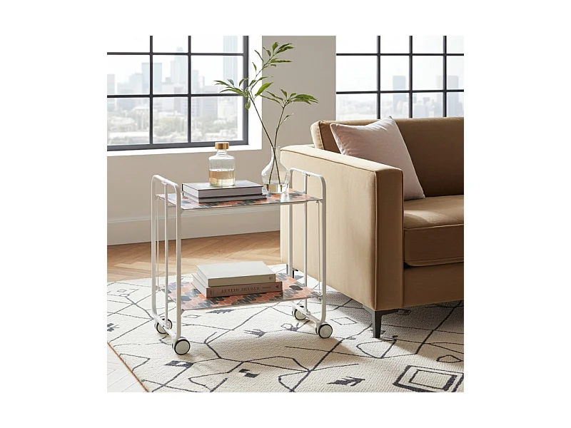 Desserte pliante BAUHAUS avec roulettes – Structure blanche, 2 niveaux, 4 positions