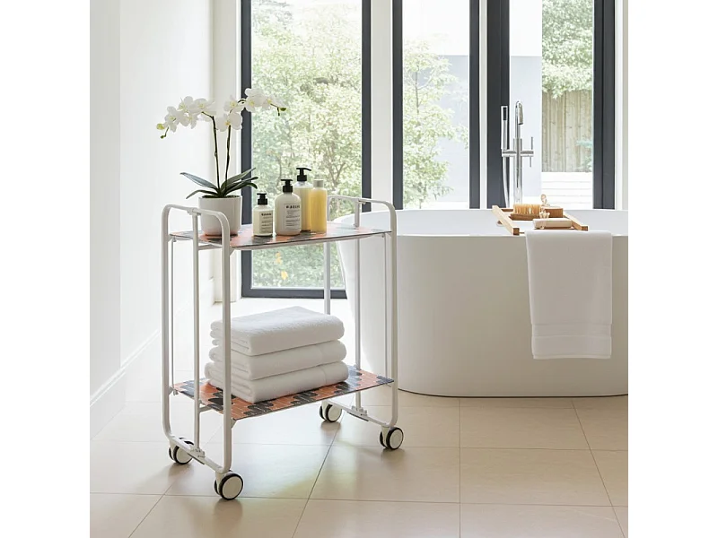 Desserte pliante BAUHAUS avec roulettes – Structure blanche, 2 niveaux, 4 positions