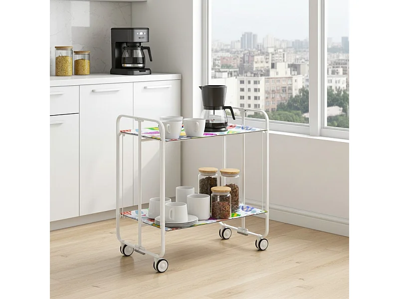 Desserte pliante BAUHAUS avec roulettes – Structure blanche, 2 niveaux, 4 positions