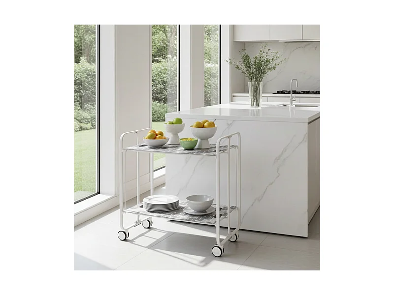 Desserte pliante BAUHAUS avec roulettes – Structure blanche, 2 niveaux, 4 positions