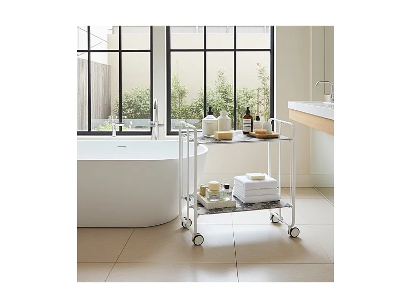 Desserte pliante BAUHAUS avec roulettes – Structure blanche, 2 niveaux, 4 positions