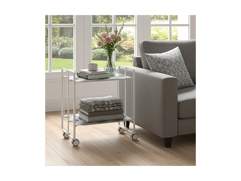 Desserte pliante BAUHAUS avec roulettes – Structure blanche, 2 niveaux, 4 positions