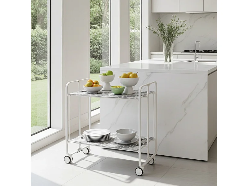 Desserte pliante BAUHAUS avec roulettes – Structure blanche, 2 niveaux, 4 positions