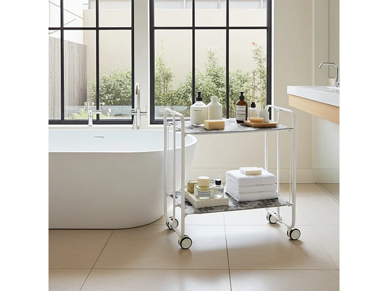 Desserte pliante BAUHAUS avec roulettes – Structure blanche, 2 niveaux, 4 positions