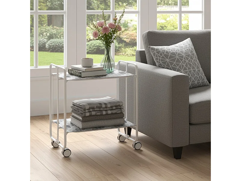 Desserte pliante BAUHAUS avec roulettes – Structure blanche, 2 niveaux, 4 positions