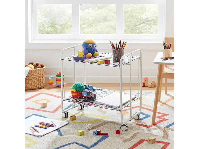 Desserte pliante BAUHAUS avec roulettes – Structure blanche, 2 niveaux, 4 positions