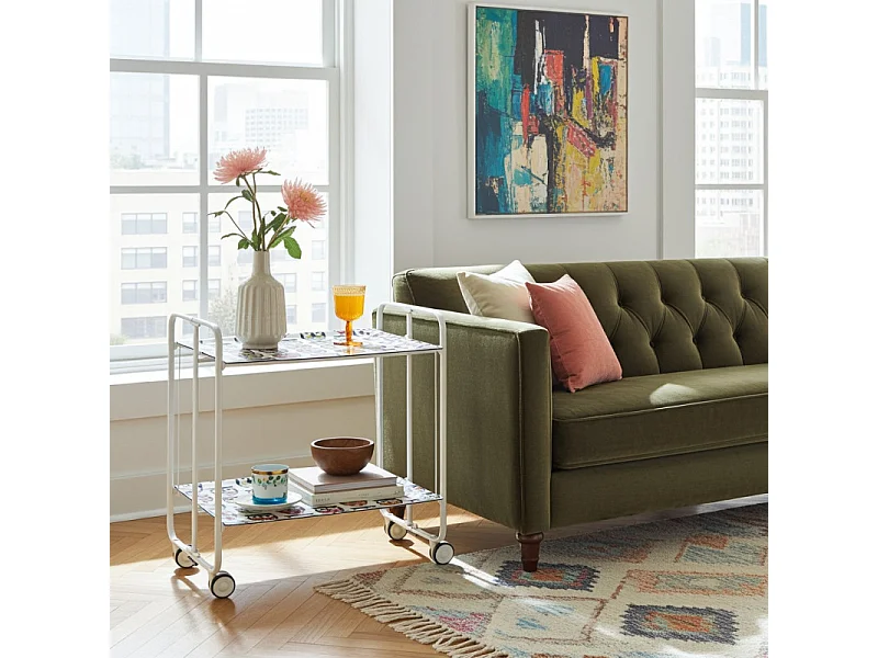 Klappbarer Servierwagen BAUHAUS mit Rollen – Metallgestell weiß, 2 Ebenen, 4 Positionen