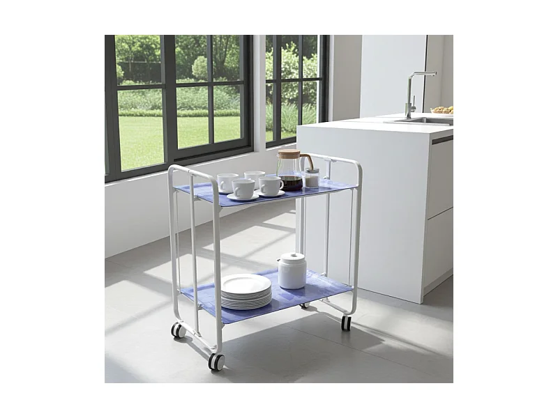 Desserte pliante BAUHAUS avec roulettes – Structure blanche, 2 niveaux, 4 positions