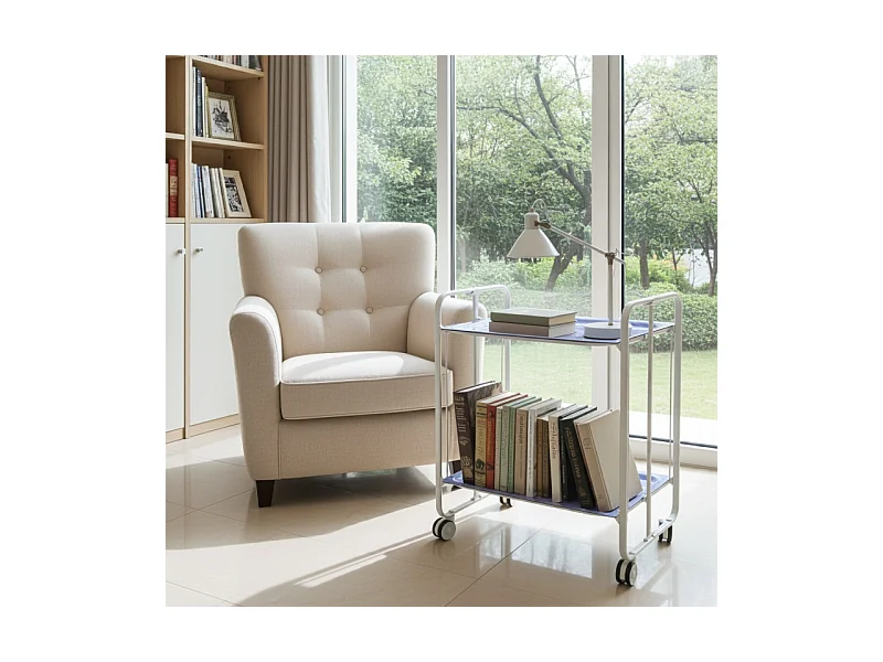 Desserte pliante BAUHAUS avec roulettes – Structure blanche, 2 niveaux, 4 positions