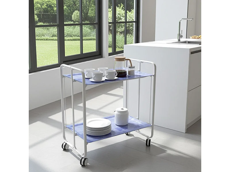 Desserte pliante BAUHAUS avec roulettes – Structure blanche, 2 niveaux, 4 positions