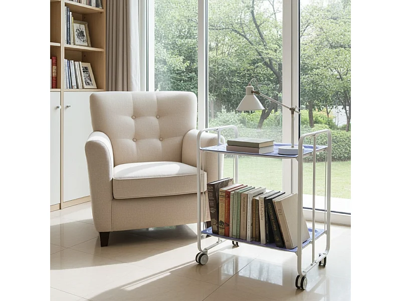 Desserte pliante BAUHAUS avec roulettes – Structure blanche, 2 niveaux, 4 positions