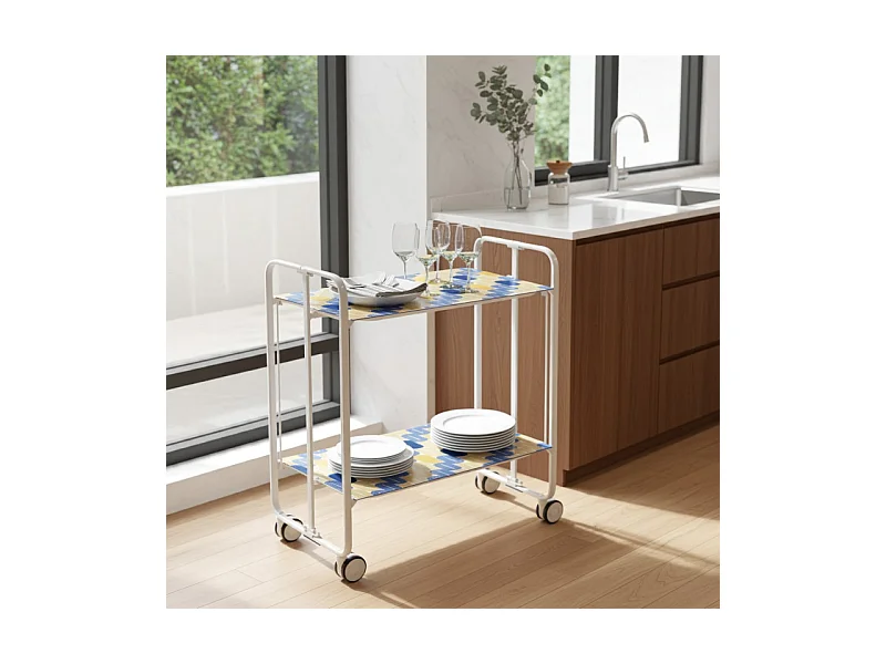 Desserte pliante BAUHAUS avec roulettes – Structure blanche, 2 niveaux, 4 positions