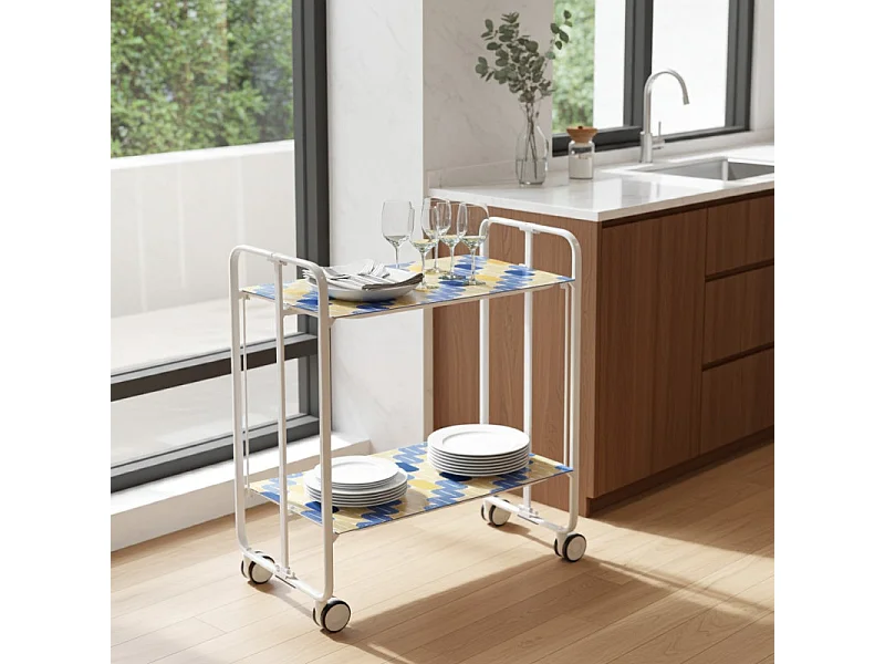 Desserte pliante BAUHAUS avec roulettes – Structure blanche, 2 niveaux, 4 positions