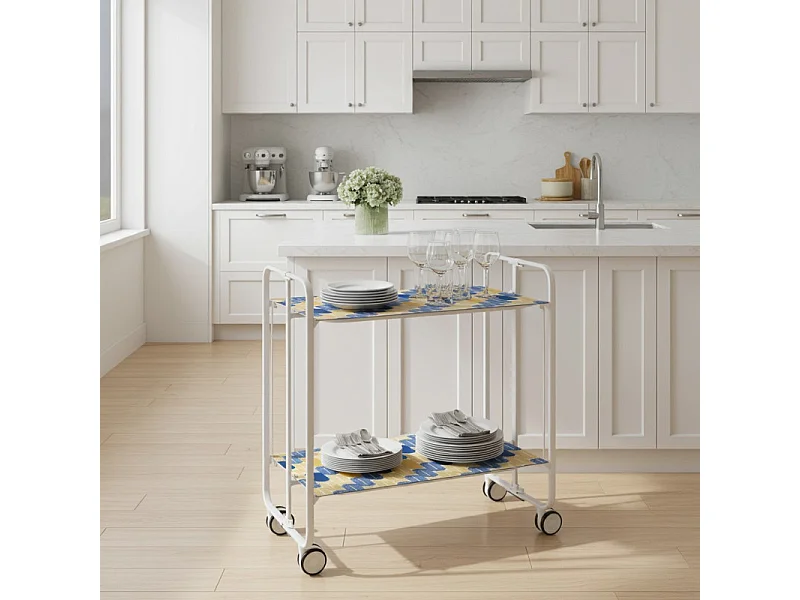 Desserte pliante BAUHAUS avec roulettes – Structure blanche, 2 niveaux, 4 positions