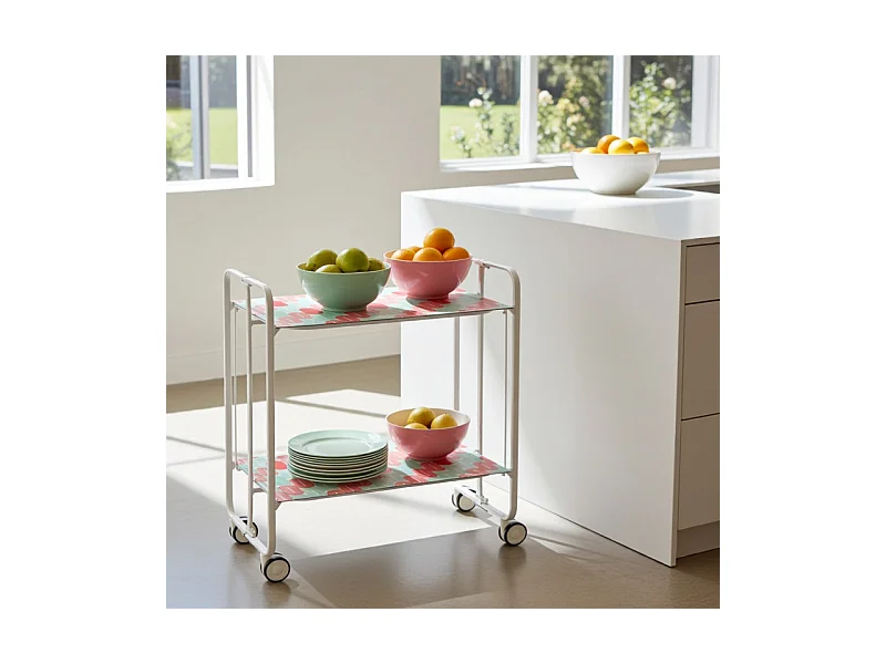 Desserte pliante BAUHAUS avec roulettes – Structure blanche, 2 niveaux, 4 positions