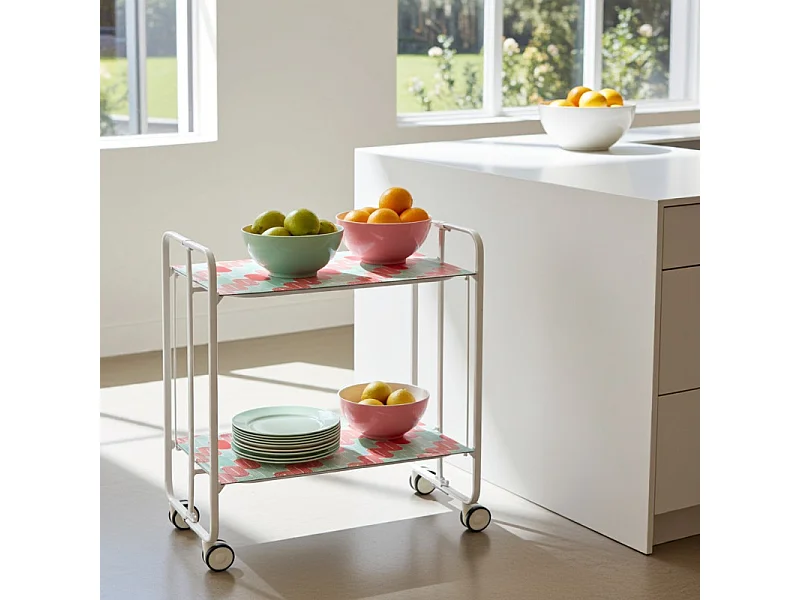 Desserte pliante BAUHAUS avec roulettes – Structure blanche, 2 niveaux, 4 positions