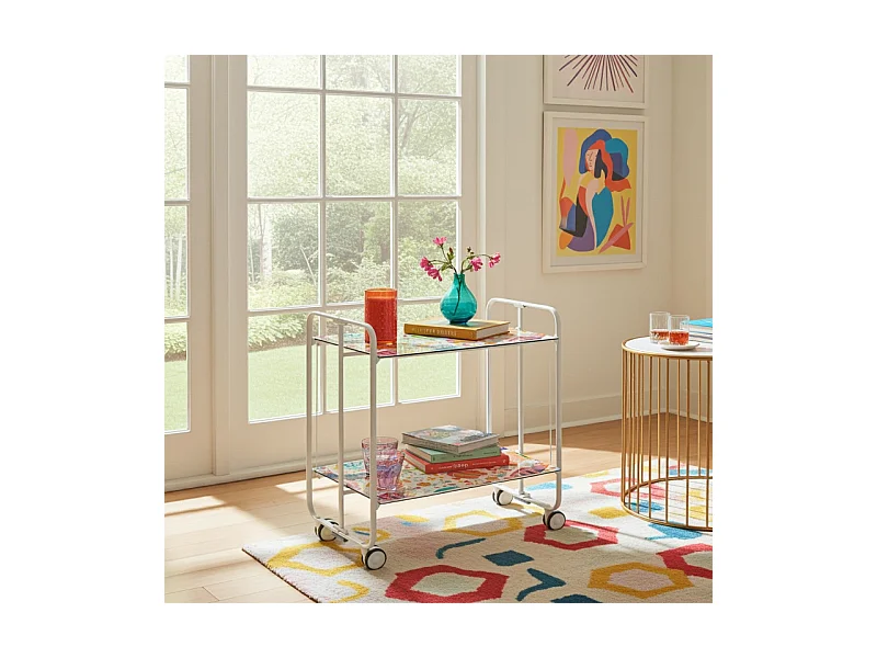 Desserte pliante BAUHAUS avec roulettes – Structure blanche, 2 niveaux, 4 positions