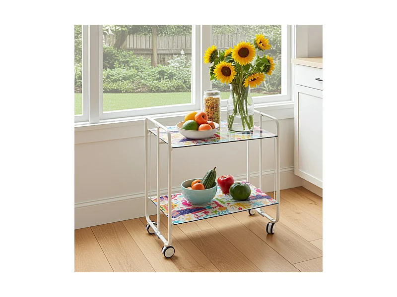 Desserte pliante BAUHAUS avec roulettes – Structure blanche, 2 niveaux, 4 positions