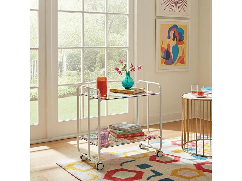 Desserte pliante BAUHAUS avec roulettes – Structure blanche, 2 niveaux, 4 positions