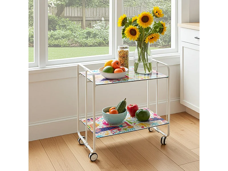 Klappbarer Servierwagen BAUHAUS mit Rollen – Metallgestell weiß, 2 Ebenen, 4 Positionen