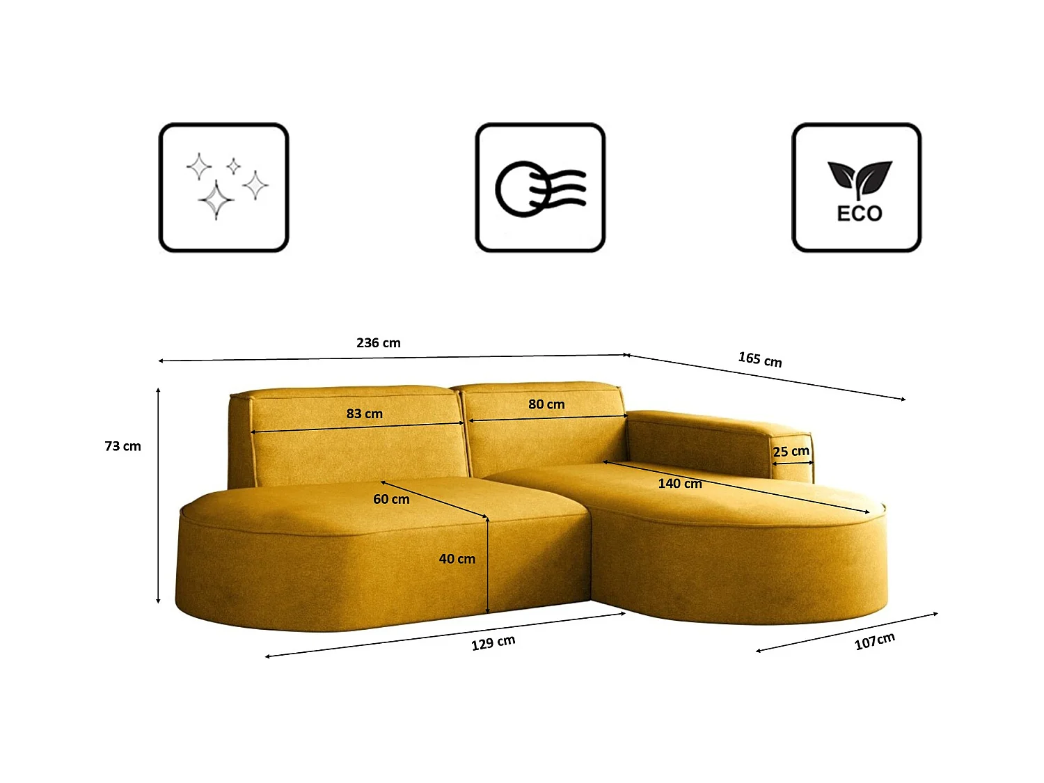 Canapé en L Modena, canapé d'angle moderne et confortable en tissu Salvador droit jaune