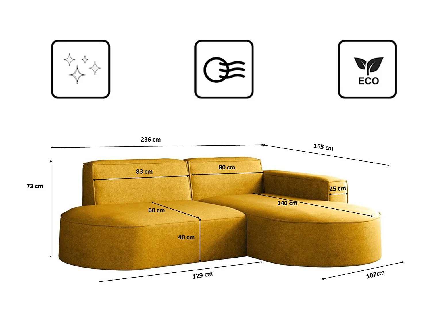 Canapé en L Modena, canapé d'angle moderne et confortable en tissu Salvador droit jaune