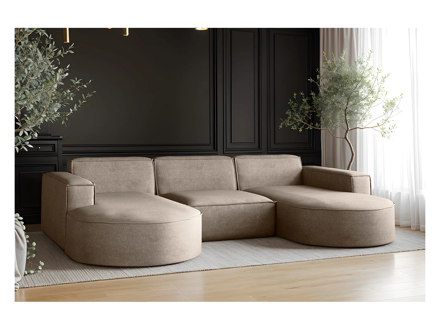 Canapé d'angle Modena en U, canapé élégant et moderne en tissu Salvador beige foncé