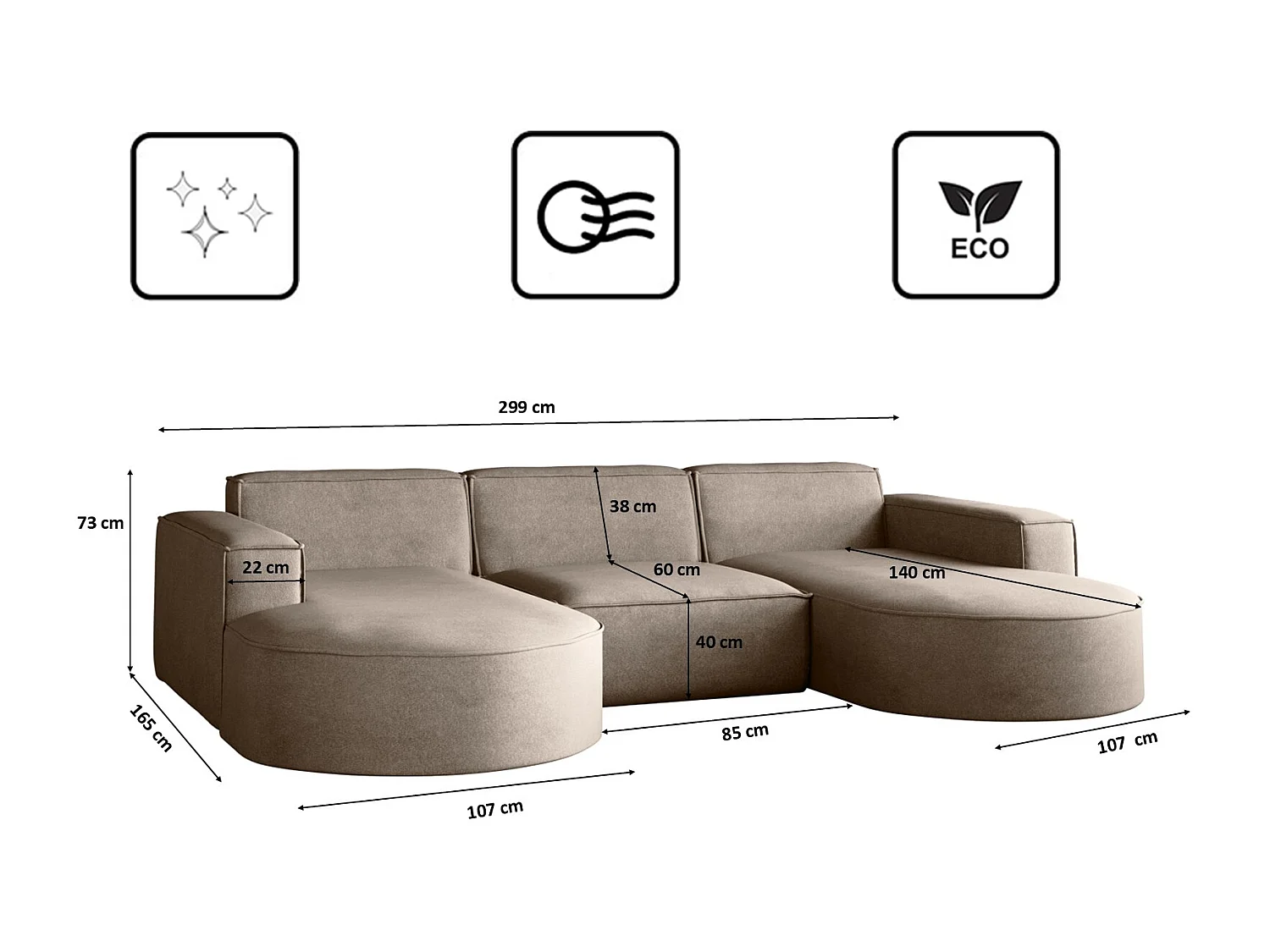 Canapé d'angle Modena en U, canapé élégant et moderne en tissu Salvador beige foncé