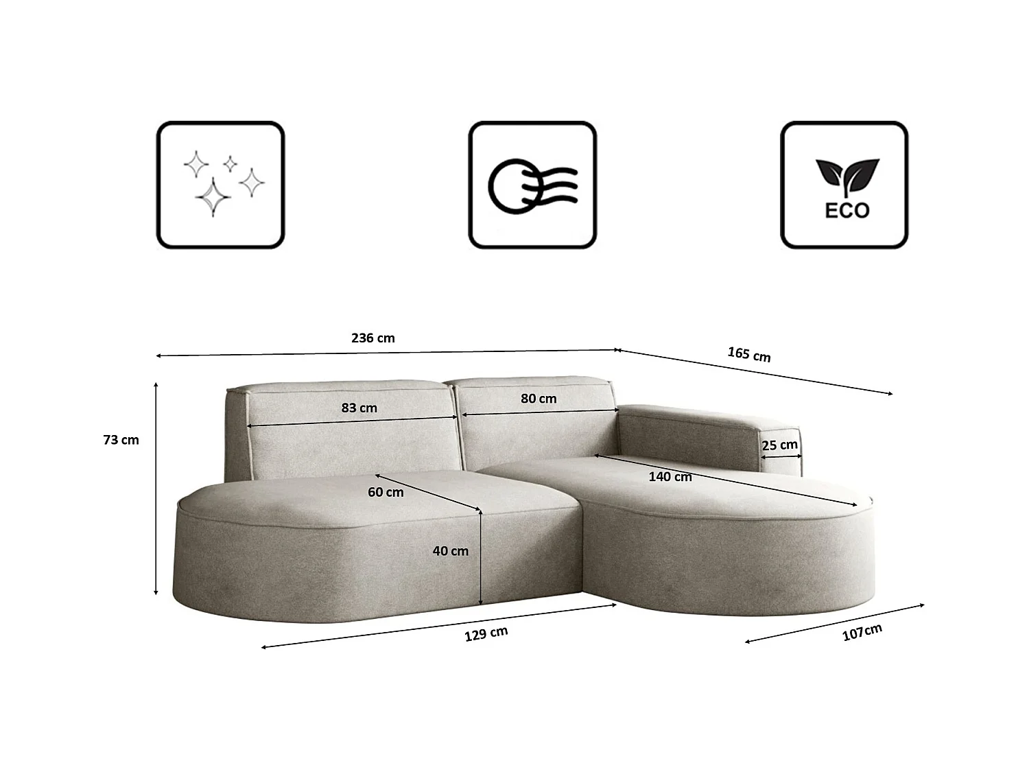 Canapé en L Modena, canapé d'angle moderne et confortable tissu Salvador droit gris clair