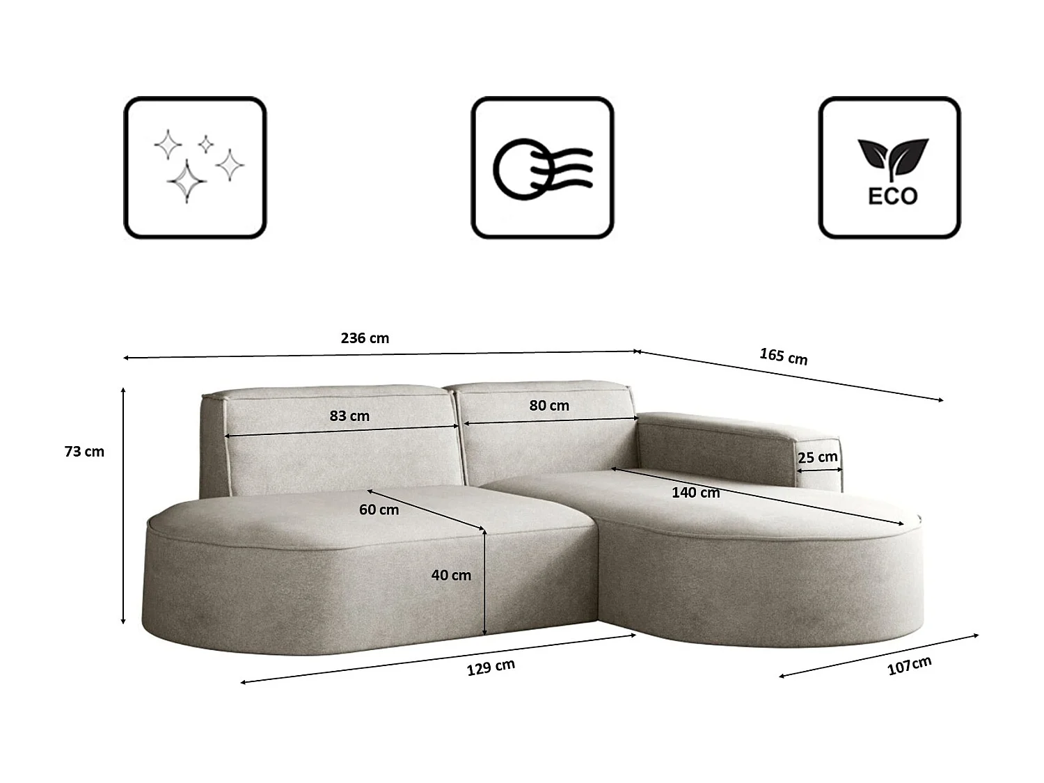 Canapé en L Modena, canapé d'angle moderne et confortable tissu Salvador droit gris clair