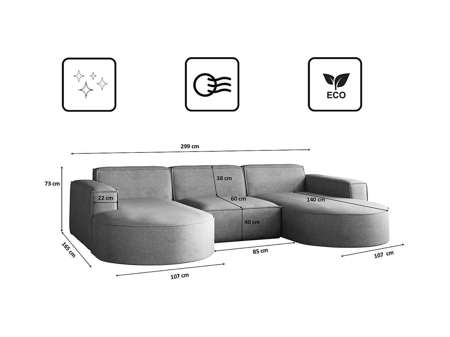 Canapé d'angle Modena en U, canapé élégant et moderne en tissu Salvador Grey