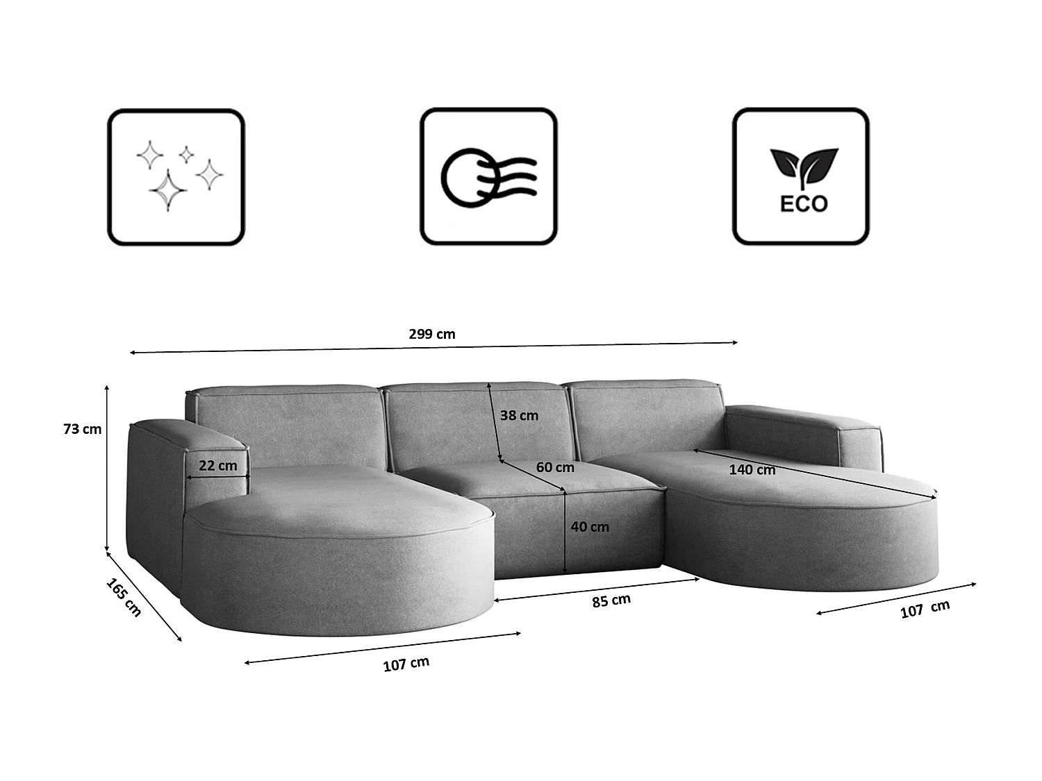 Canapé d'angle Modena en U, canapé élégant et moderne en tissu Salvador Grey