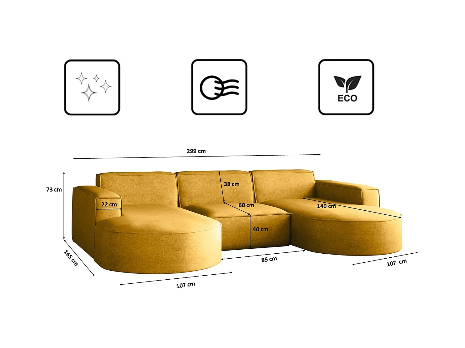 Canapé d'angle Modena en U, canapé élégant et moderne en tissu Salvador Jaune