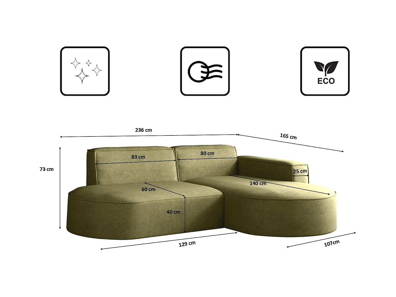 Canapé en L Modena, canapé d'angle moderne et confortable en tissu Salvador droit olive