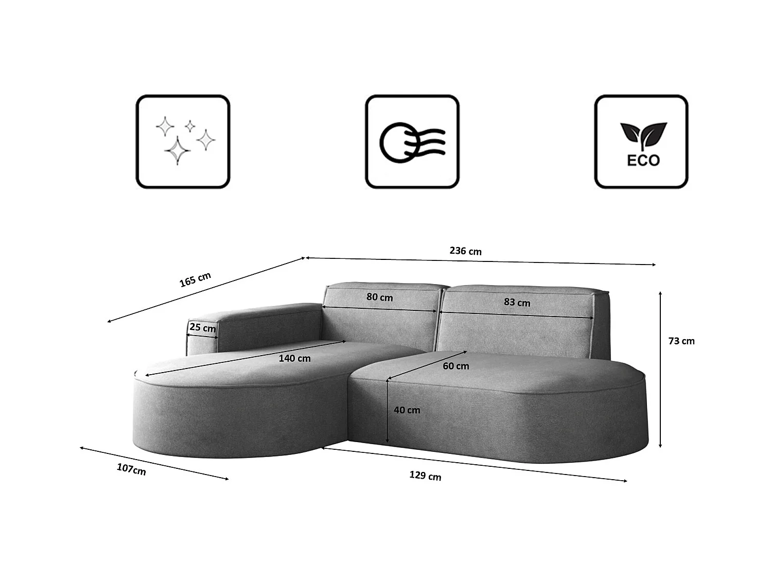 Canapé en L Modena, canapé d'angle moderne et confortable en tissu Salvador Left Grey