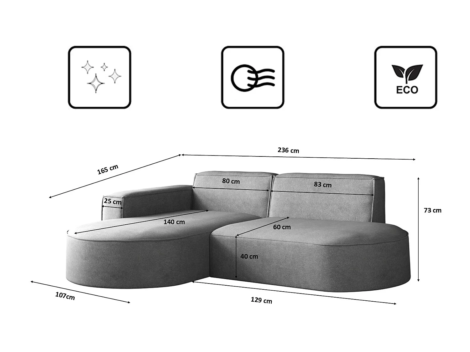 Canapé en L Modena, canapé d'angle moderne et confortable en tissu Salvador Left Grey